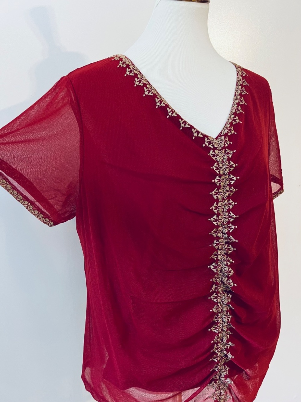 Lane Bryant Sheer Gold Embroidered Ruched Burgundy Boho Flowy Top Sz 18/20 (2X)